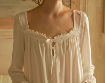 Koszula nocna z bawełny w stylu vintage wiktoriańskim | Biała koronkowa, długa piżama, koszula nocna w stylu Cottagecore dla księżniczek i wróżek