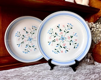 Platos llanos vintage de gres Fascino – Decorados a mano con motivos florales en azul, rosa y verde, fabricados en Japón – Plato llano de 28 cm (11 pulgadas)