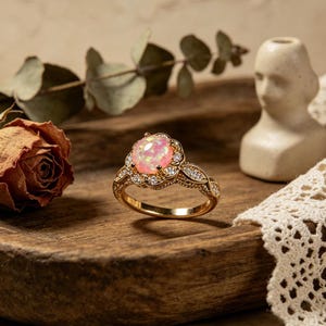 May include: A gold ring with a large, oval, pink opal gemstone at the center, surrounded by smaller clear gemstones. The ring has an ornate, detailed design on the band. The ring is displayed on a wooden surface, suggesting a jewelry or accessory theme.