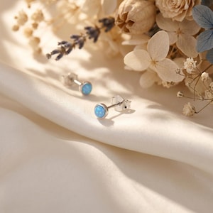 May include: A pair of silver stud earrings with round, light blue opal stones. The earrings are displayed on a white satin surface, with dried flowers in the background. The earrings are small and delicate.