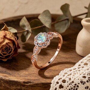 May include: Rose gold ring featuring a central opal stone surrounded by a halo of smaller, clear stones. The band has a detailed, ornate design with additional small stones. The ring is displayed on a wooden surface.