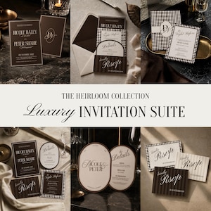 May include: A collection of wedding stationery featuring dark brown and cream color palettes. The suite includes rectangular and oval cards with elegant typography, checkerboard patterns, and striped designs, displaying names like Nicole Haley and Peter Shane.