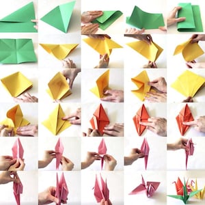 Op de afbeelding: Een stapsgewijs instructieraster dat het proces toont van het vouwen van gekleurd papier tot een origami kraanvogel. De reeks toont verschillende fasen van het vouwen van groen, geel, oranje en roze papier, eindigend in een papieren vogel.