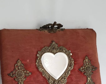 Vintage Antique Red Linen Cloth Covered Bible Book Cover Ex Voto Religious Heart Metalwork