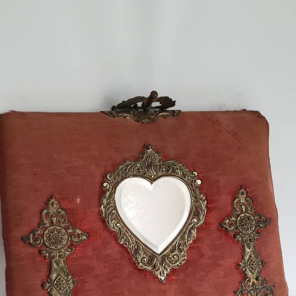 Vintage Antique Red Linen Cloth Covered Bible Book Cover Ex Voto Religious Heart Metalwork