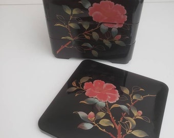 Vintage Mitsukoshi Black Lacquerware Floral Bento Jewelry Storage Box