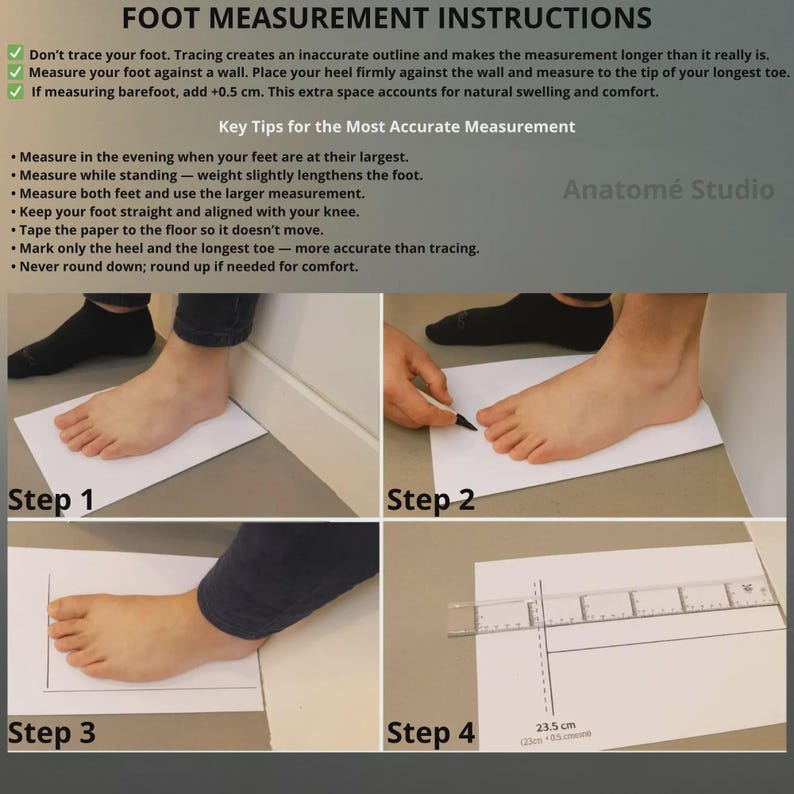The image is a step-by-step guide for accurate foot measurement, showing the process of measuring a person's feet using a wall and a measuring tape.