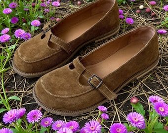 Anatomical Ballet Flats: Handmade Suede Mary Janes with Buckle