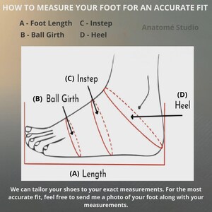 The image is a diagram that provides a visual guide for measuring a person's foot for a shoe. It includes labeled sections for the foot length, instep, ball girth, heel, and length, along with arrows indicating the measurements. The text at the bottom of the image advises that the person can tailor their shoes to their exact measurements, and they can send a photo of their foot along with their measurements for a more accurate fit.