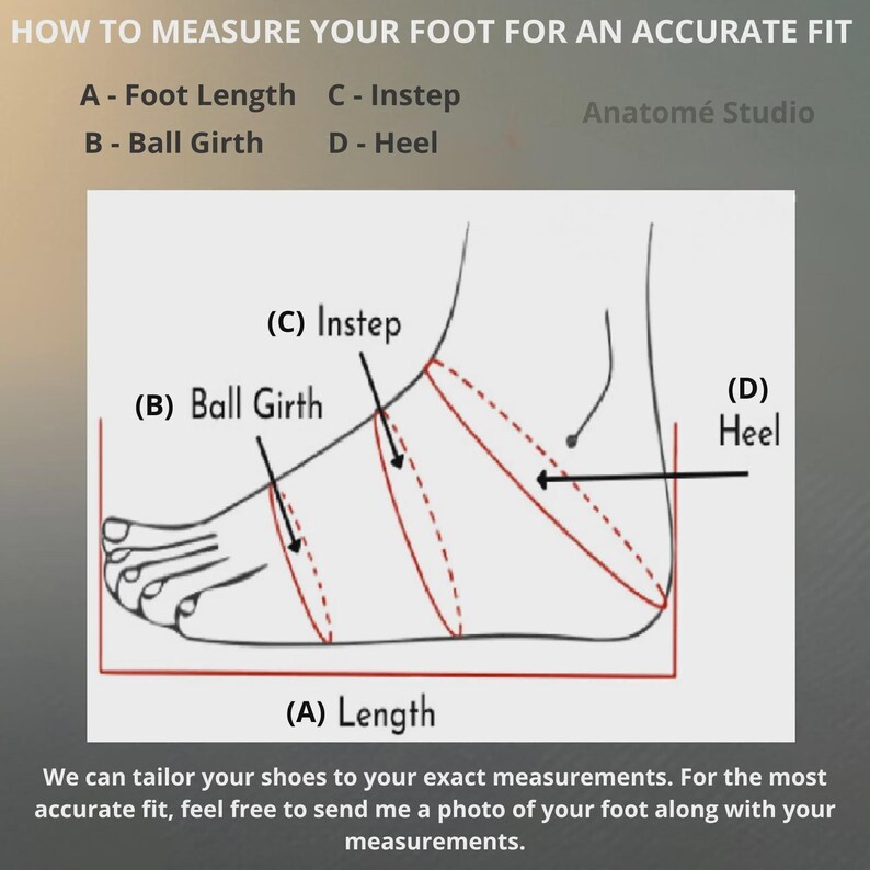 The image is a diagram that provides a visual guide for measuring a person's foot for a shoe. It includes labeled sections for the foot length, instep, ball girth, heel, and length, along with arrows indicating the measurements. The text at the bottom of the image advises that the person can tailor their shoes to their exact measurements, and they can send a photo of their foot along with their measurements for a more accurate fit.