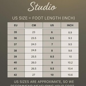 The image is a size chart from Anatome Studio, which provides foot length measurements in inches for US sizes. The chart includes various US sizes ranging from 35 to 42, with corresponding foot length measurements. The chart suggests that US sizes are approximately accurate, and it advises users to measure their foot for an accurate fit.