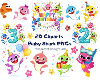 Baby Shark Clipart Bundle | Birthday Shark PNG | Kids Party Clipart | Shark Family PNG | Cute Shark Graphics | Instant Download | PNG Bundle