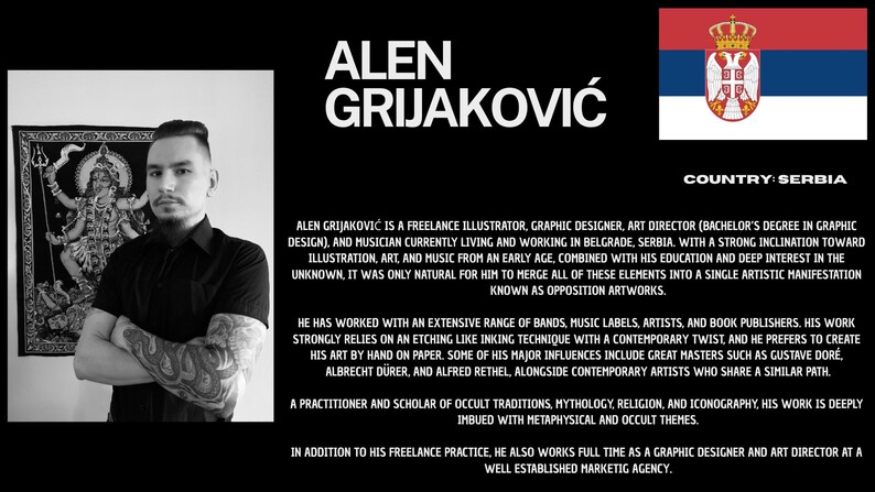 May include: A black and white image of Alen Grijaković, a freelance illustrator and graphic designer, with text detailing his work and influences. The Serbian flag is shown in the top right. The image is set against a black background.