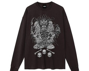 Maha Kali - Vintage Washed Long Sleeve Tee | Unisex Loose Fit | Heavyweight Cotton | Dark Streetwear | Occult & Esoteric Apparel