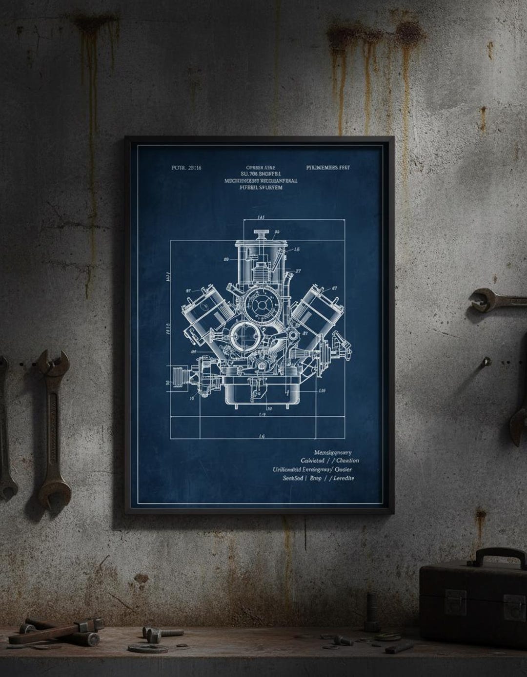 Vintage Engine Blueprint Poster, Mechanical Engineering Wall Art ...