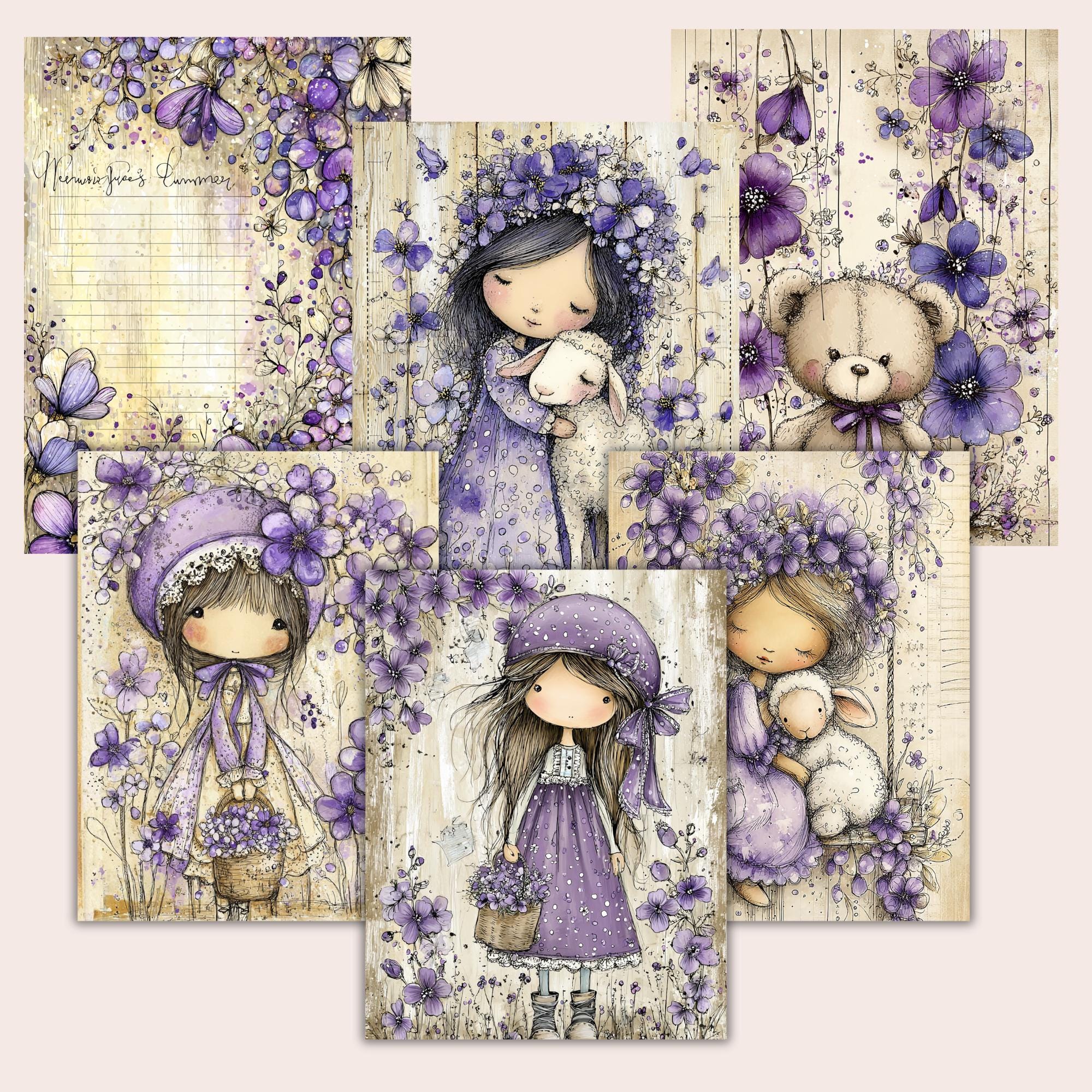 Whimsy Lavender Girl Digital Junk Journal Pages - Etsy