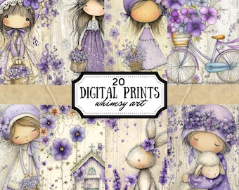 Whimsy Lavender Girl Digital Junk Journal Pages