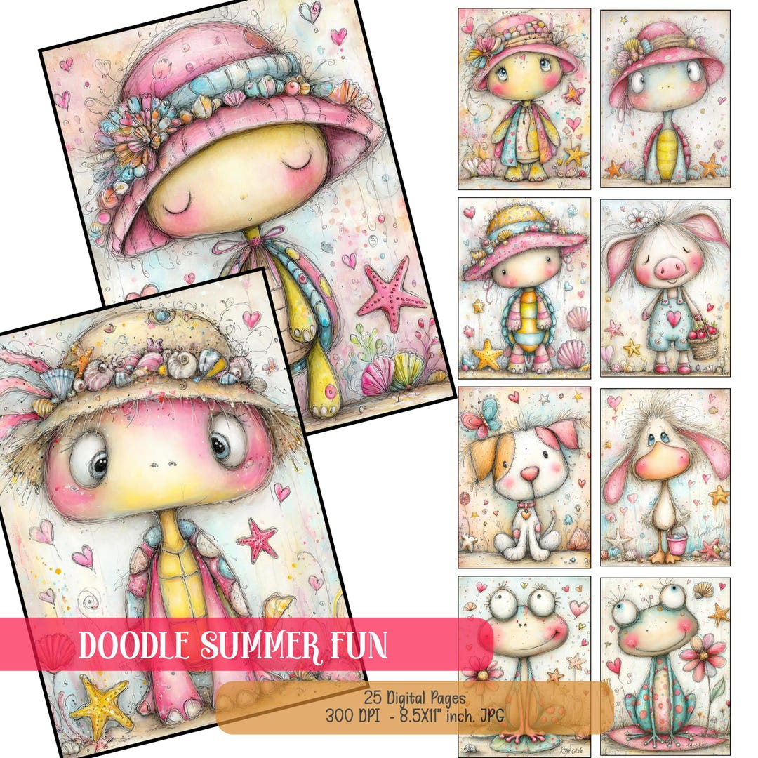Junk Journal Kit Printable Ephemera – Summer Animals, Whimsical Doodle ...
