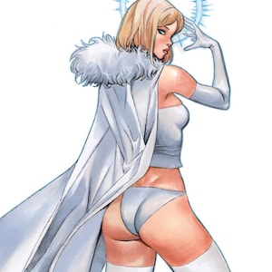 Puede incluir: Una ilustración digital de un personaje con cabello rubio que viste un top blanco sin tirantes, bragas de bikini blancas, guantes blancos largos y botas blancas hasta el muslo. Una capa blanca larga con cuello de piel cae sobre los hombros.