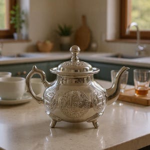 Moroccan Silver Teapot - Hand Engraved Berrad -Traditional Arabic Tea Pot for Mint Tea - Boho Chic Kitchen Decor - Moroccan Silver Teapot