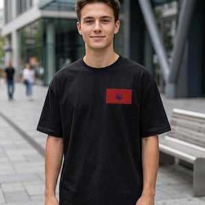 Oversized Black T-Shirt with Red Patch, Organic Cotton Streetwear Tee, Minimalist Leaf Embroidery Graphic Shirt, Boxy Fit Unisex Urban Top