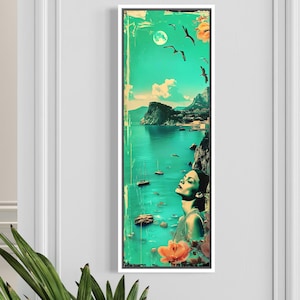 Vintage French Riviera Collage, Long Narrow Wall Art, Vertical Turquoise Coastal Poster, Digital Download