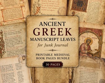 Può includere: Una collezione di fogli di manoscritti greci antichi stampabili con texture di pergamena invecchiata, testo greco scritto a mano, bordi decorativi e un'illustrazione di una figura che scrive, con un'etichetta centrale che recita ANCIENT GREEK MANUSCRIPT LEAVES for Junk Journal PRINTABLE MEDIEVAL BOOK PAGES BUNDLE 30 PAGES.