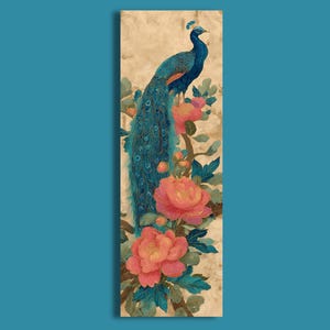 Chinoiserie Wall Art, Vintage Bird Print, Digital Download, Long Narrow Vertical Botanical Blue Peacock