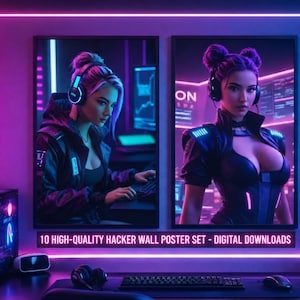 Puede incluir: Dos impresiones artísticas digitales enmarcadas de mujeres con auriculares en una habitación con luces de neón. Las impresiones forman parte de un "Juego de carteles de pared de hackers de alta calidad - Descargas digitales". Se ven una computadora, un teclado y auriculares.