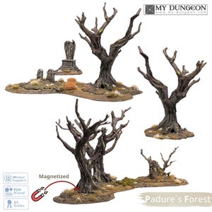 Puede incluir: Un conjunto de árboles muertos y lápidas en miniatura de color marrón oscuro para juegos de mesa, con corteza texturizada, detalles de musgo y base magnetizada. Incluye el logo de My Dungeon y el texto Padure's Forest, Whitout Supports, FDM Friend, All Scales.