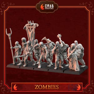 Può includere: Un set di miniature di zombie in plastica grigia non dipinte su basi quadrate nere. Le figure indossano abiti logori e varie armi, tra cui un bastone, una spada, un'ascia e una mazza. Una figura porta uno stendardo. Il testo CRAB MINIATURES e ZOMBIES è visibile.