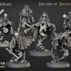 Pode incluir: Um conjunto de figuras esqueléticas em miniatura cinzentas intituladas Spectres of Transilv, cada uma usando capas com capuz esfarrapadas e cordas à volta do pescoço. As figuras estão em várias poses, algumas segurando machados ou maças.