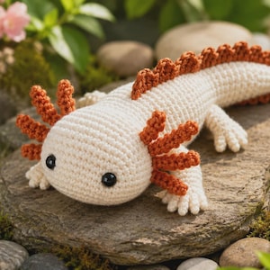 Può includere: Un giocattolo di axolotl all'uncinetto color crema e arancione, appoggiato su una pietra. L'anfibio fatto a mano presenta occhi di sicurezza neri e branchie dettagliate. L'axolotl è circondato da vegetazione e piccole rocce, creando un ambiente naturale.