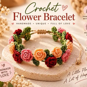 Può includere: Un braccialetto a fiori all'uncinetto con piccole rose rosse, rosa e color pesca intervallate da foglie verdi. Il braccialetto ha un cordino regolabile color marrone chiaro con due piccole perline alle estremità. Il testo recita Crochet Flower Bracelet.