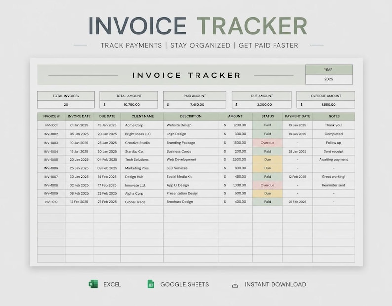 Invoice Tracker Spreadsheet | Invoice Generator & Payment Manager ...