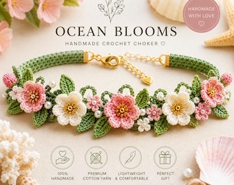 Handgemaakte gehaakte choker Ocean Blooms | Parelketting met bloemen, accessoire katoengaren