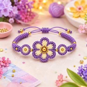 May include: A purple and cream macrame bracelet featuring a central flower motif, two smaller circular floral accents, and gold-toned metallic beads. The adjustable cord band is woven with purple thread and includes gold beads along the sides.