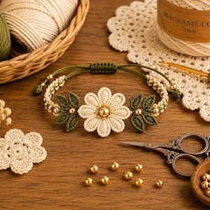 Puede incluir: Una pulsera de macramé con una flor central de color crema con un centro de cuenta dorada, flanqueada por dos motivos de hojas de color verde oscuro. La banda es de cordón verde con pequeñas cuentas doradas y un cierre de nudo corredizo.