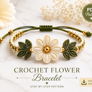 Può includere: Un braccialetto in macramè con un fiore centrale color crema con un centro di perline dorate, affiancato da due motivi a foglia verde scuro. Il cinturino è composto da cordoncino color crema e verde con perline dorate e chiusura scorrevole.
