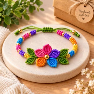 Patrón para pulsera de flores de macramé arcoíris, tutorial de joyería DIY (PDF)