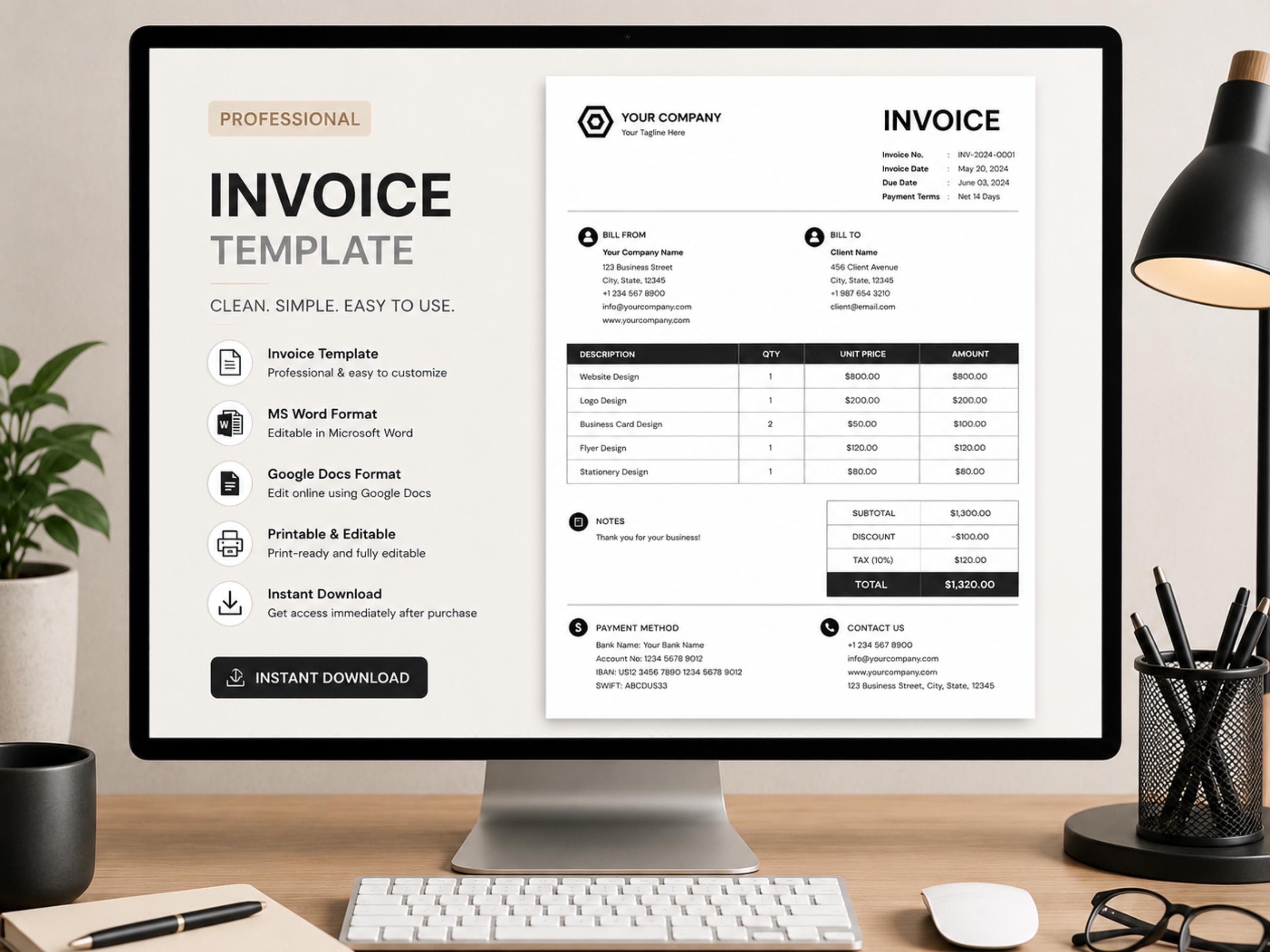 Editable Invoice Template, Professional Business Form (google Docs ...