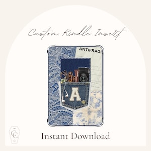 May include: A custom Kindle insert with a patchwork design. The design includes denim, lace, and patterned fabric. A denim pocket is adorned with the letter "A" and holds sunglasses, a camera, and earbuds. The text "ANTIFRAGI" is visible.