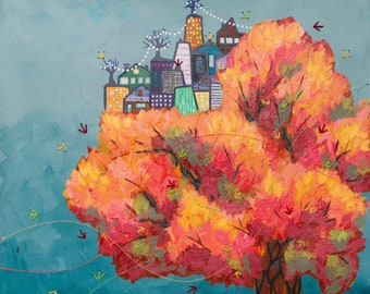 Fine Art Print Titled Treehouse City II | Whimsical Tree Artwork | Imagined City Painting