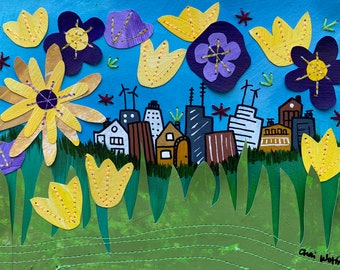 City Spring Blooms - Original Painting | Framed Artwork | Mixed Media Art