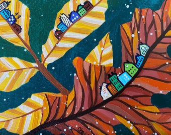 Little Leaf Cities - Original Painting | One of a Kind Artwork | Whimsical Wall Art