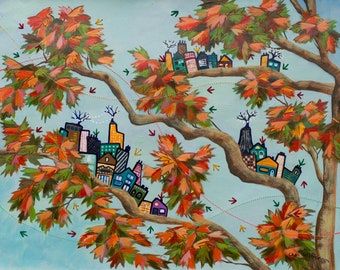 Fine Art Print Titled Treehouse City IV | Whimsical Tree Artwork | Imagined City Painting