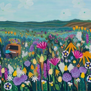 Piano Player Art Print: Whimsical Flower Garden Landscape