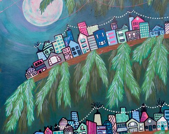 Fine Art Print Titled Treehouse City III | Whimsical Tree Artwork | Imagined City Painting