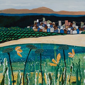 May include: A painting of a city skyline with a beach in the foreground. The beach is covered in sand and there are green plants growing in the water. The city skyline is in the background and is made up of buildings of different colors. The sky is a light blue color.