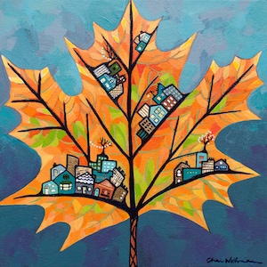 Ahornblatt-Stadt | Herbst Blätter Fine Art Print | Bunte Wandkunst | Wunderliches Kunstwerk